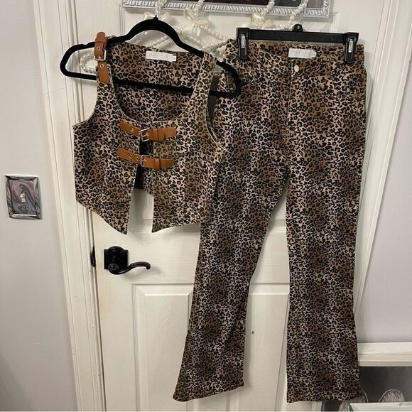 Leopard Print Matching Vest + Boot Cut Pants Set Western - Picture 1 of 16